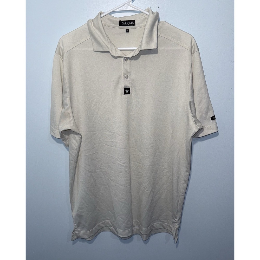 BAD BIRDIE Men's Polo Shirt Golf Logo Solid‎ Pattern Cream Short Sleeve Size L